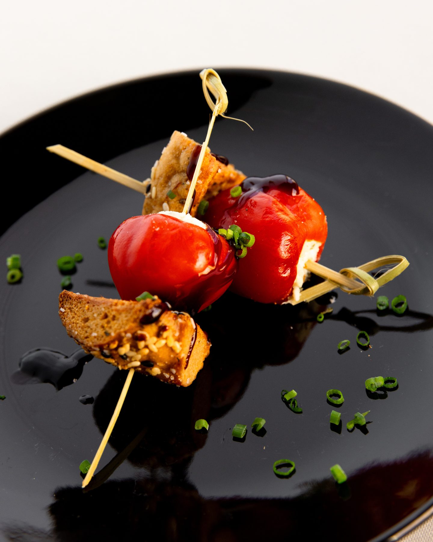 Passed appetizer skewers for an event menu