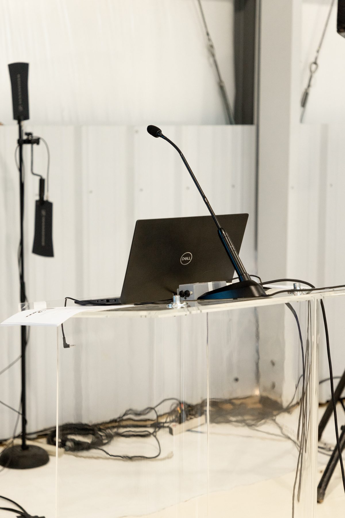 Podium and microphone setup for a corporate presentation